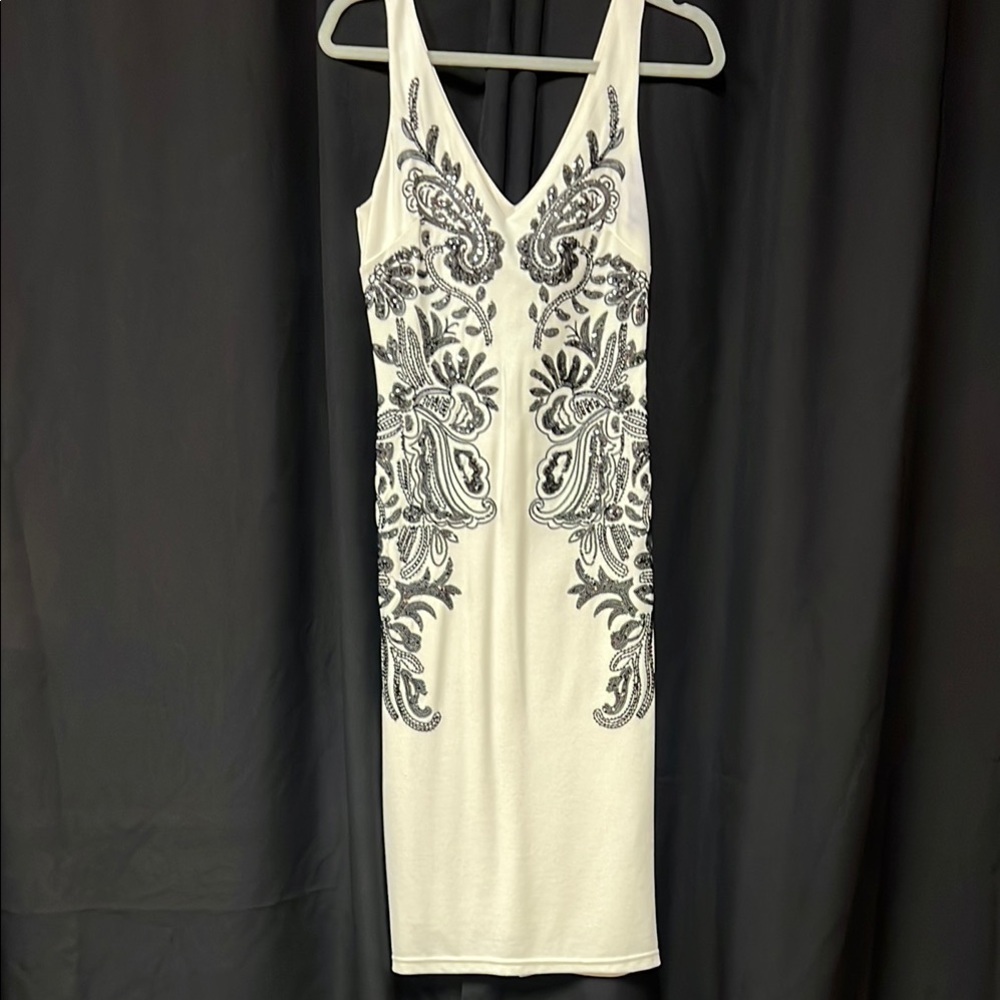 Bebe White and Black Embroidered Dress